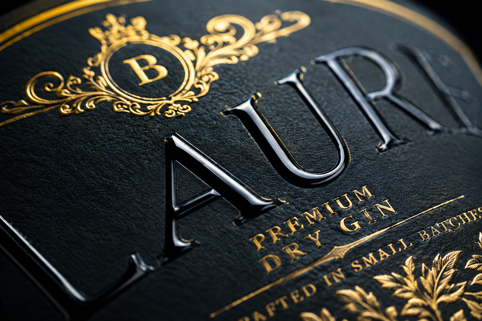 Close-up of premium black packaging with gold foil and raised lettering